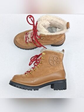 Tory Burch Thea Shearling Hiking Lug Sole Brown Suede Leather Lace Up Boots